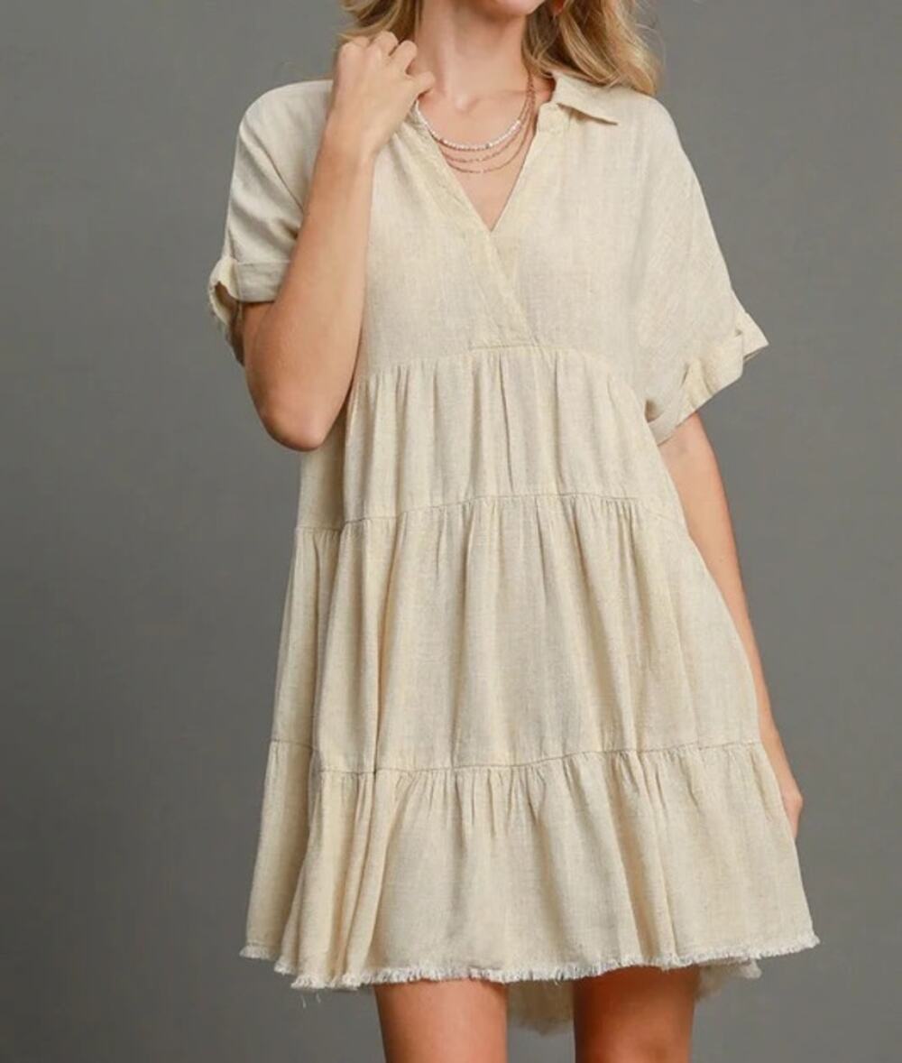 UMGEE Linen Blend Tiered Babydoll Dress Large Beige Cream Frayed Hem Boho Tunic